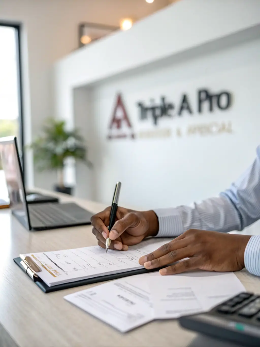 A person filling out a check at a desk, with a Triple-a.pro logo subtly visible in the background, indicating payment for cryptocurrency. The scene is professional and trustworthy.
