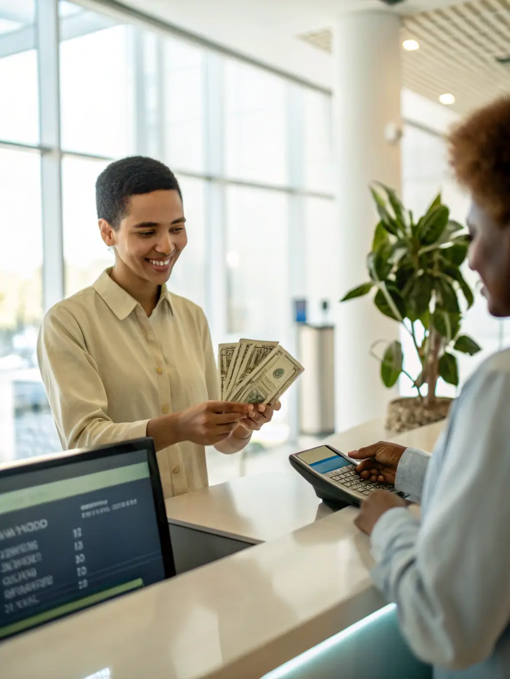 A person handing cash over the counter at a trusted Triple-a.pro partner location to purchase cryptocurrency. The setting is secure and professional, highlighting the convenience of cash transactions.